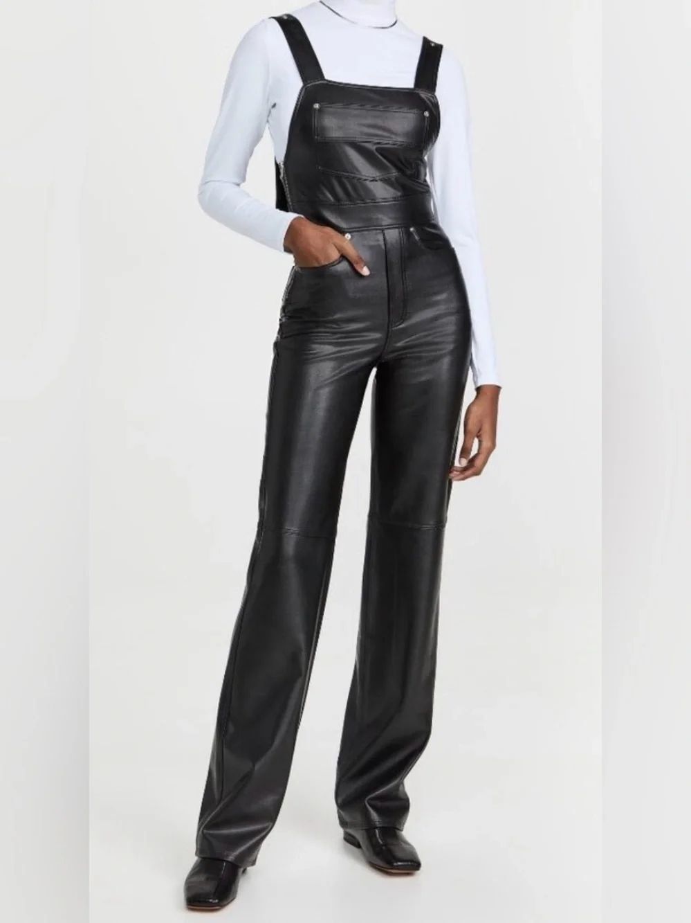 .
A.L.C. Braelyn Faux Leather Jumpsuit Black Adjustable Strap Buckle Pockets